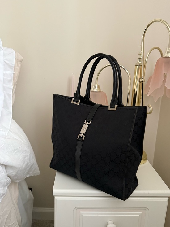 Gucci Handbags - Gucci Black GG Canvas Tote with Leather Strap and Silver-Tone Hardware